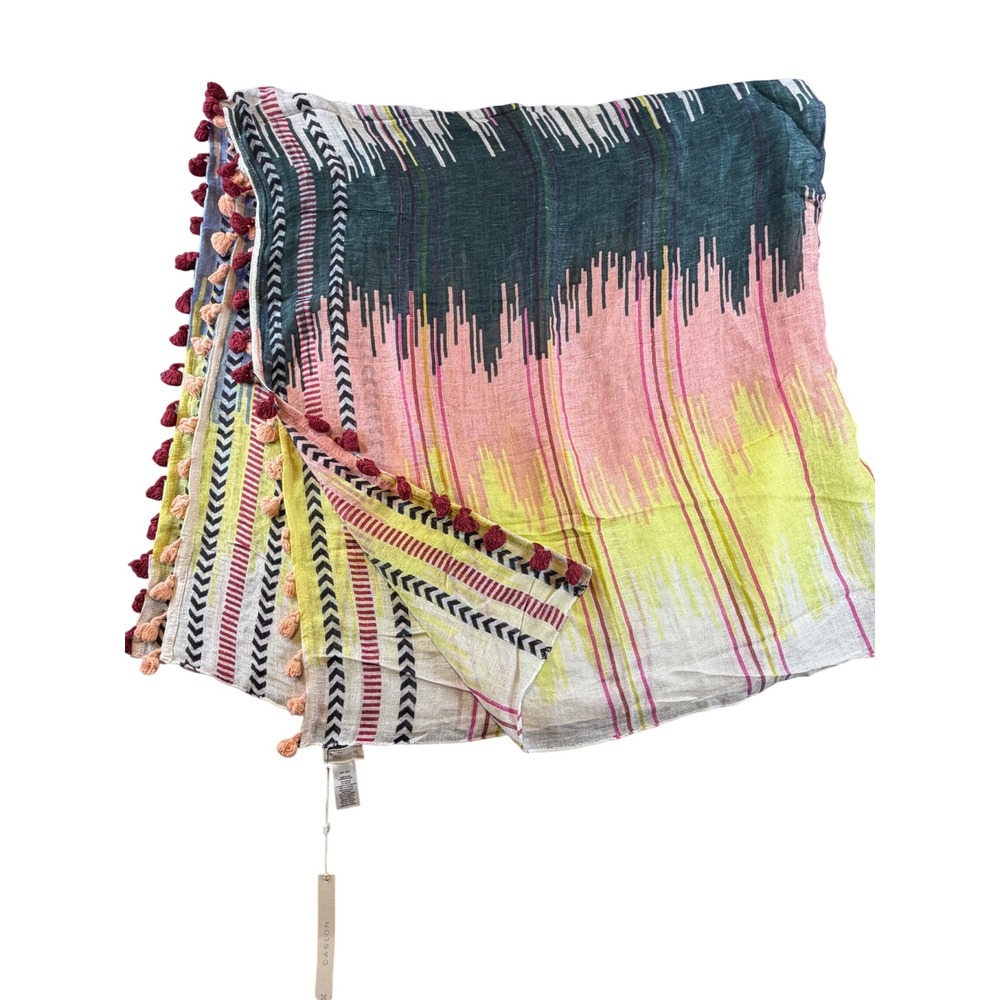 Caslon NWT Linen Blend Ikat Print Pom Pom Trim Scarf Multicolor One Size